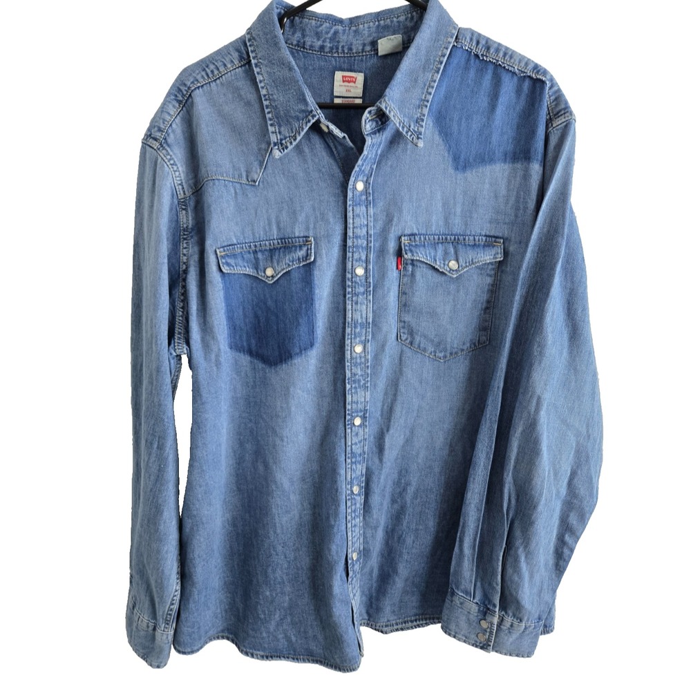 Vintage Levis Pearl Snap Shirt Mens Size 2XL Blue Denim Standard Western Cowboy